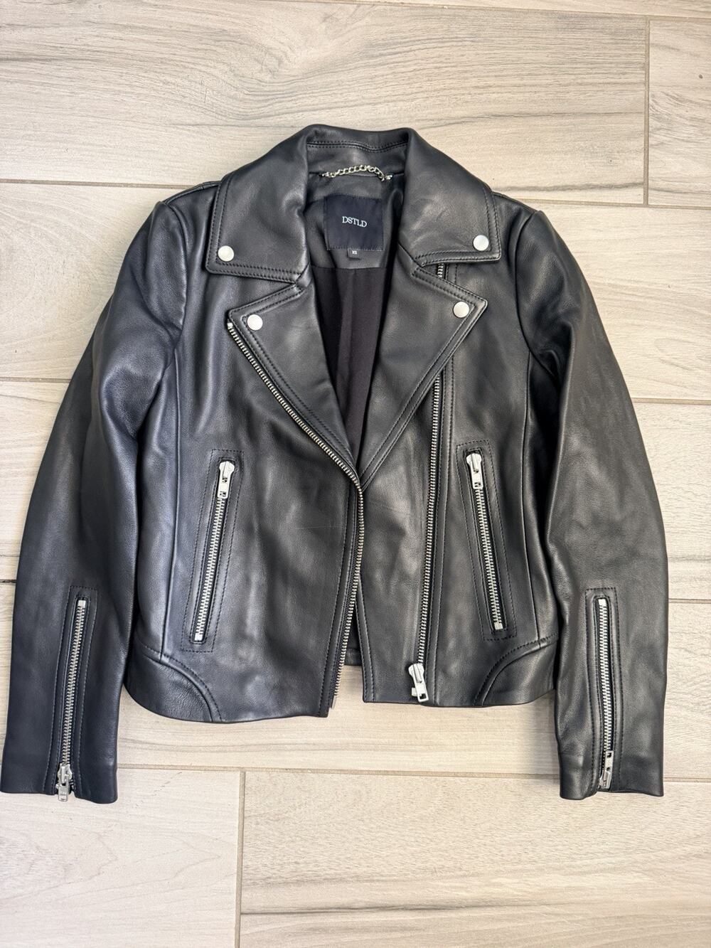 DSTLD Black Leather Moto Jacket Women's Sz XS Genuine Lamb Leather Biker